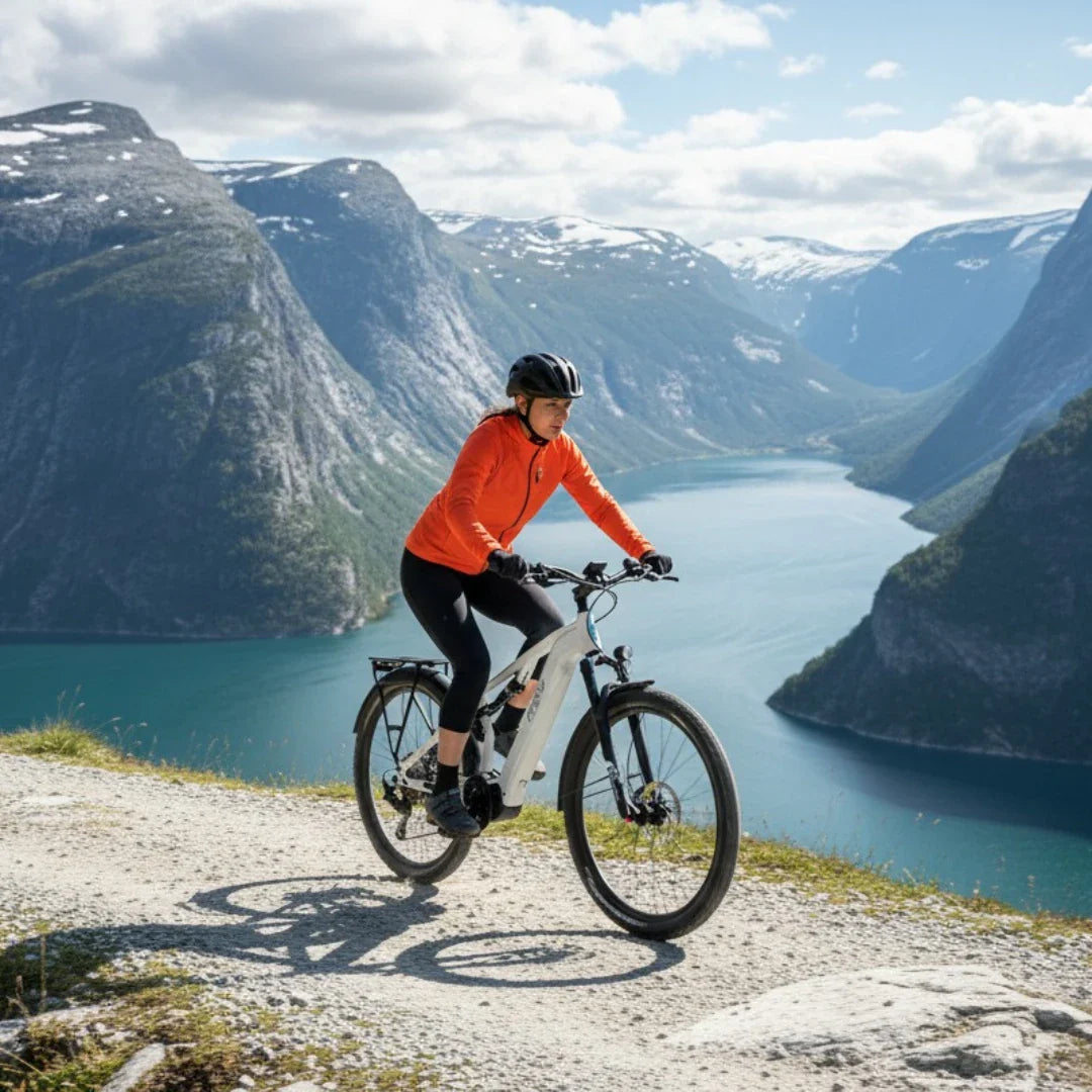 Izdelek na sliki je električno kolo, model Econo Pantera SUV C6-120. Na sliki je vidna ženska kolesarka, oblečena v oranžno jakno in črne hlače, ki se vozi po makadamski poti ob slikovitem jezeru in gorah v ozadju. Kolo ima robustno zasnovo, kar nakazuje na primernost za terensko vožnjo.