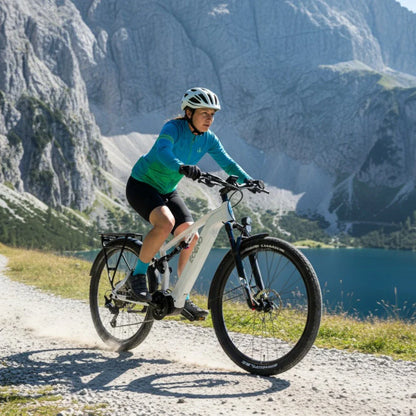 Na sliki je električno kolo znamke Econo, model Pantera SUV C6 120. Kolo je v uporabi na gorski poti, kjer ga vozi ženska v športni obleki in čeladi. Okolica je slikovita, z visokimi gorami in jezerom v ozadju, kar nakazuje na aktivno preživljanje prostega časa v naravi.