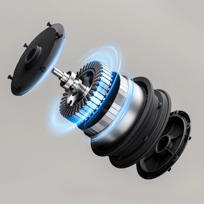 Na sliki je prikazan električni skiro, model Xiaomi. Vidna je razstavljena komponenta motorja, ki vključuje rotor in stator, ter druge notranje dele, kar nakazuje na tehnologijo in konstrukcijo motorja. Osvetlitev okoli komponent poudarja njihovo funkcionalnost in napreden dizajn.