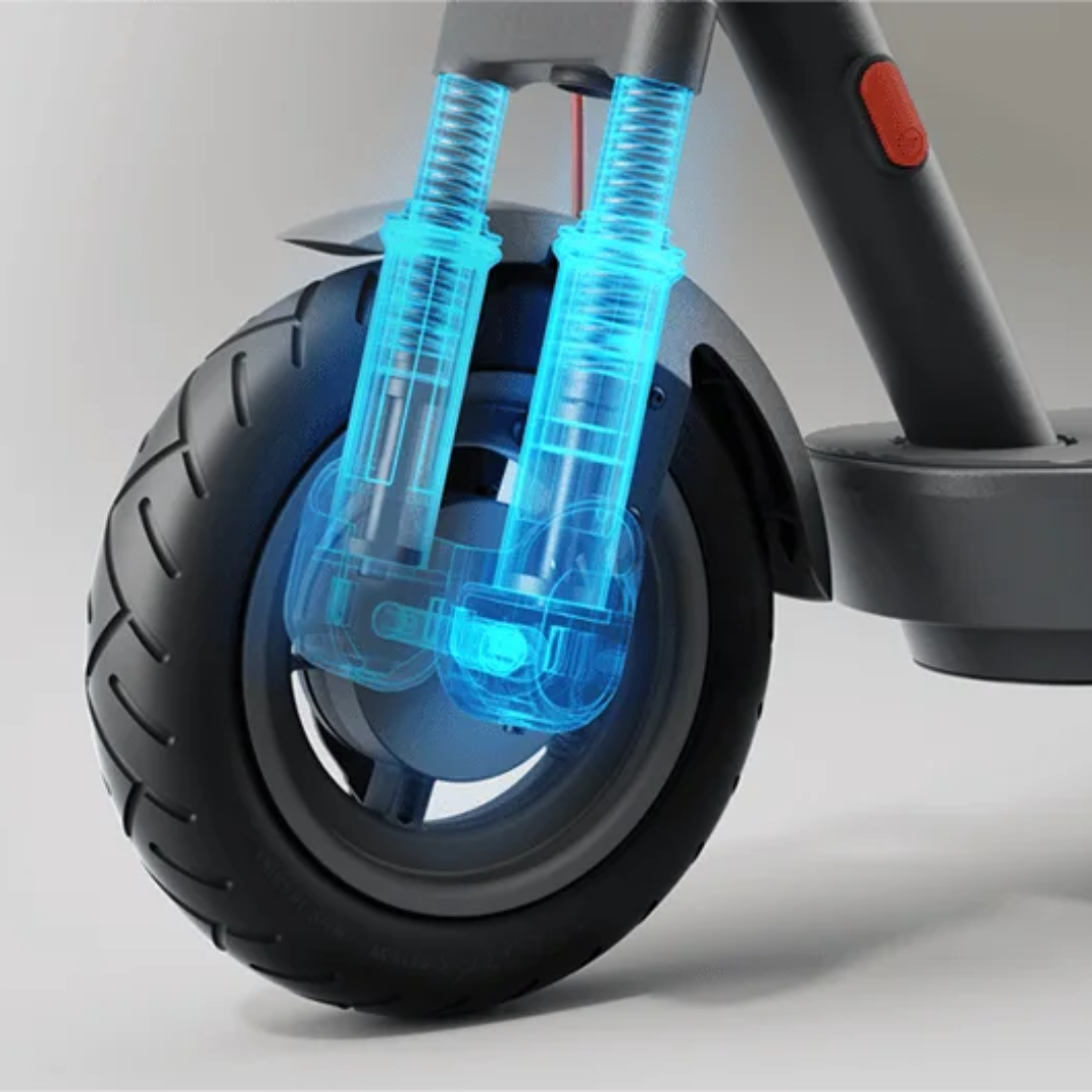 Izdelek na sliki je električni skiro znamke Xiaomi, model "Xiaomi 5". Na sliki je prikazana sprednja pnevmatika s sistemom vzmetenja, ki je označen z modro barvo, kar prikazuje njegov delovni mehanizem. Pnevmatika ima robusten profil, kar omogoča boljšo stabilnost in udobje med vožnjo.