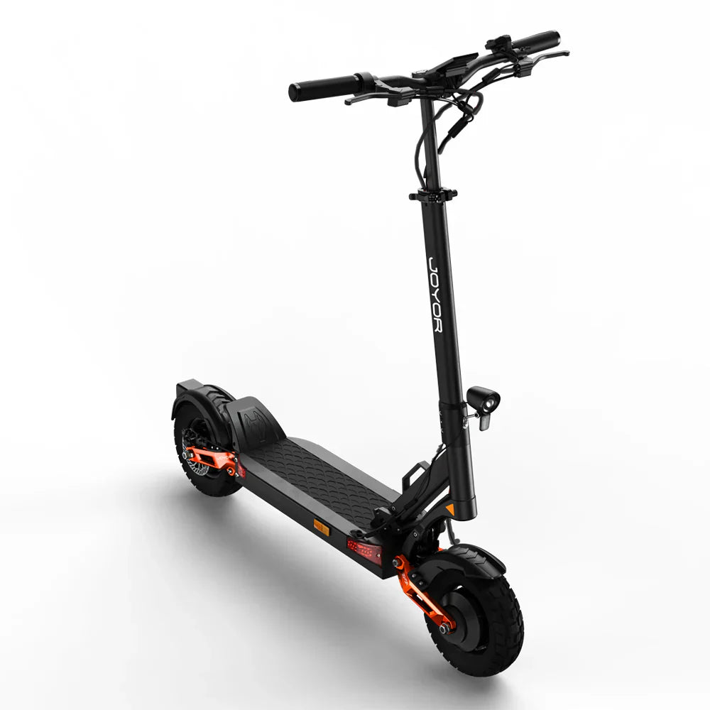The product in the picture is a Joyor T10 electric scooter. The scooter is shown in black with orange details. It has a wide standing deck, robust tires, and handlebars, suggesting a comfortable ride. The scooter is designed for urban mobility and ease of use.