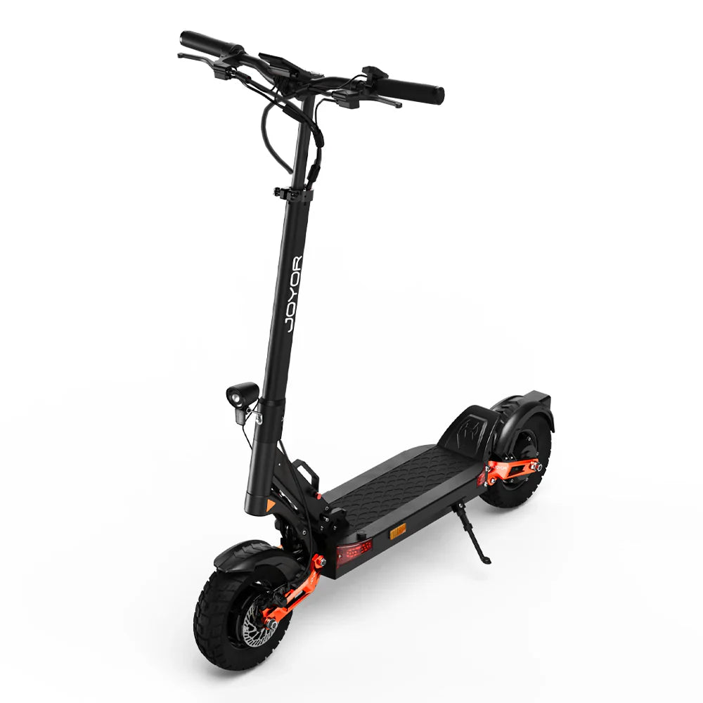 The product in the picture is a Joyor T10 electric scooter. The scooter is shown in black with red details. It has a wide deck, ergonomic handlebars, and robust tires, which indicates good stability and comfort while riding.