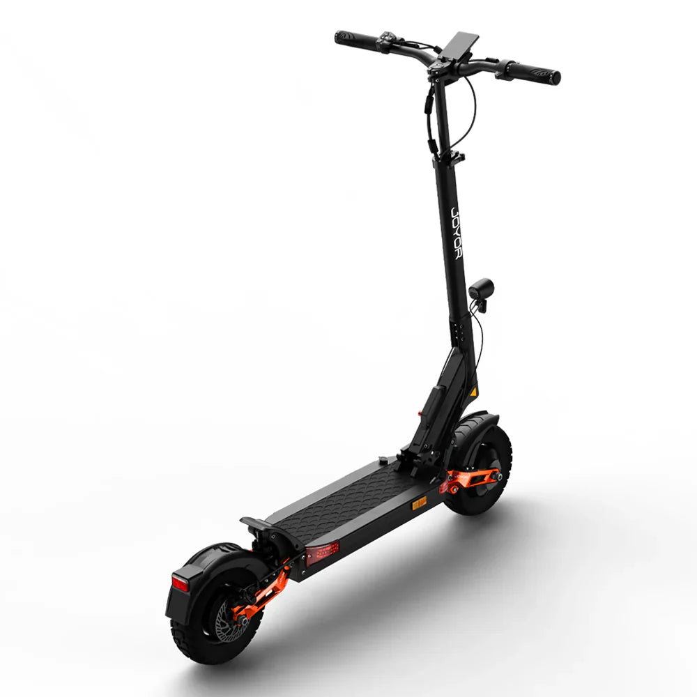 The picture shows a Joyor T10 electric scooter. The product has a black design with red details, a wide deck for a comfortable ride, and ergonomically designed handlebars. Its large wheels are also visible, allowing for better stability and comfort while riding.
