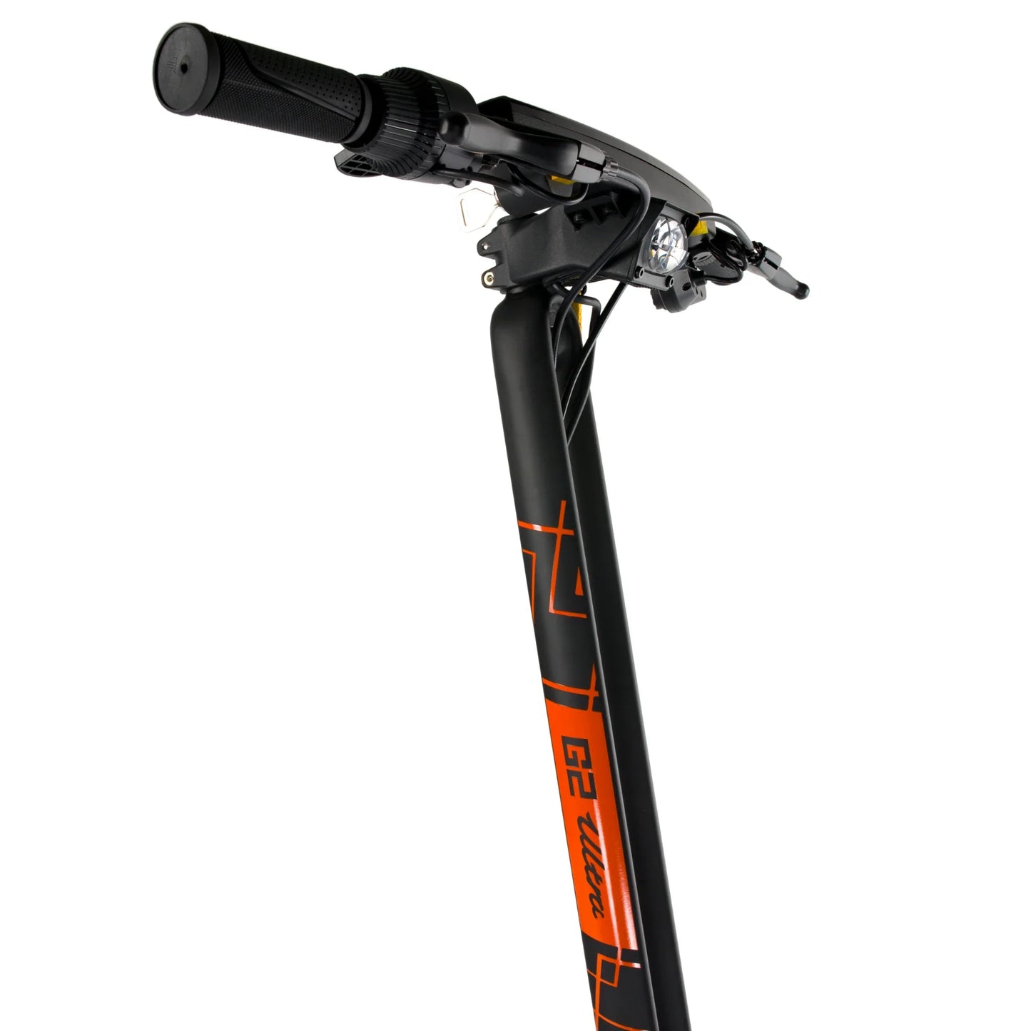 The product is the Kukirin G2 Ultra electric scooter. The image shows a part of the handlebars, which includes the throttle, brake lever, and speedometer. The black and orange color combination gives the scooter a sporty look, while the design is minimalist and modern.