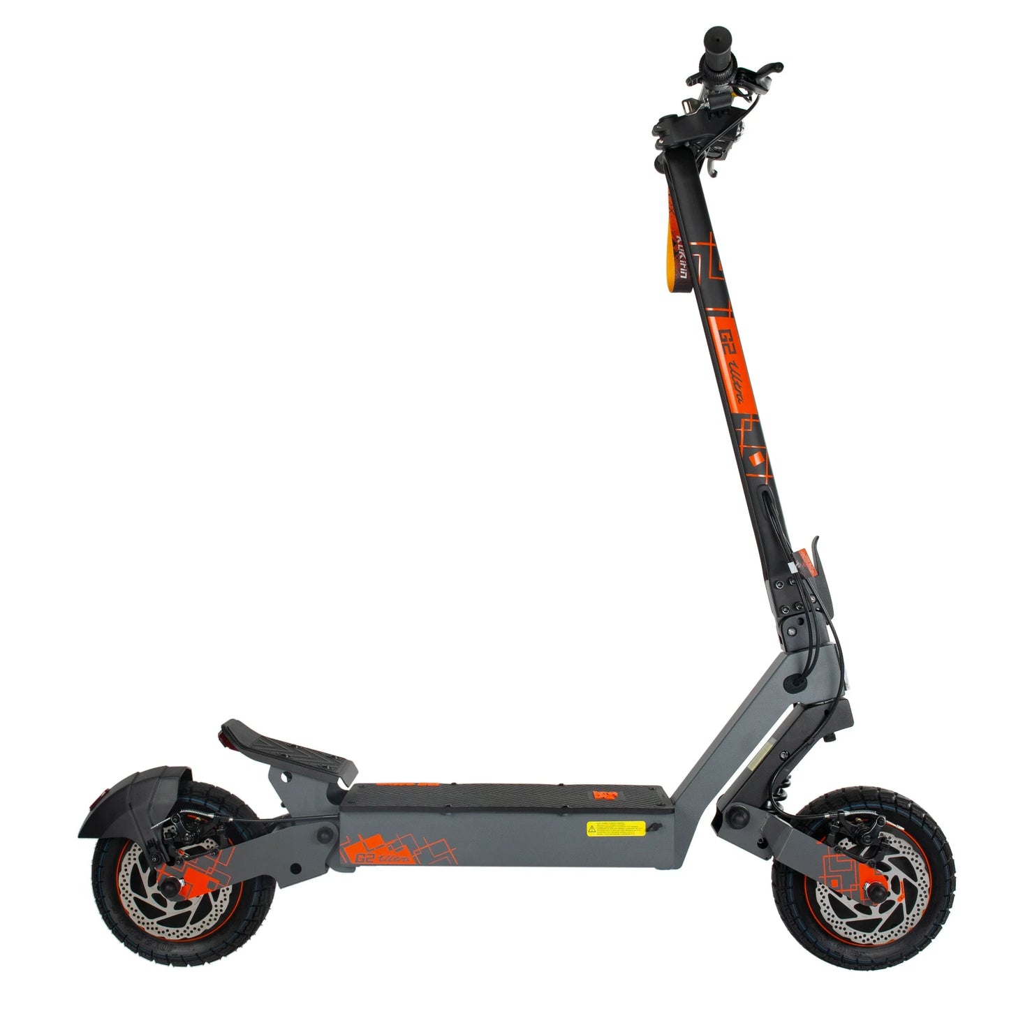 The product in the picture is the Kukirin G2 Ultra electric scooter. The scooter is shown in grey with orange details. It has a wide standing platform, a high handlebar, and robust tires, which indicates good stability and comfort while riding.