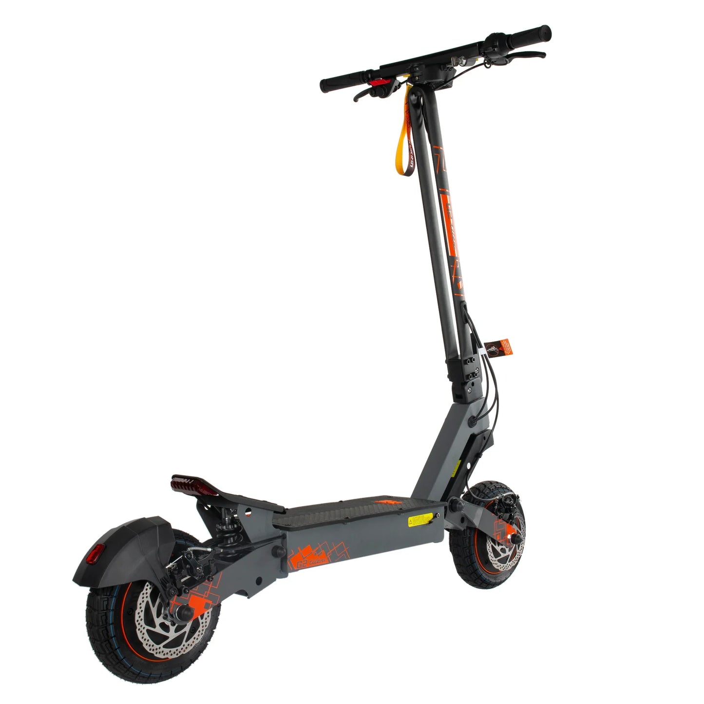 The product is an electric scooter by Kukirin, model G2 Ultra. The picture shows the scooter in a modern gray color with orange details. It has a wide deck, robust tires, and a sporty design, which indicates its performance and comfort while riding. The handlebars are equipped with brakes and additional features for safe handling.