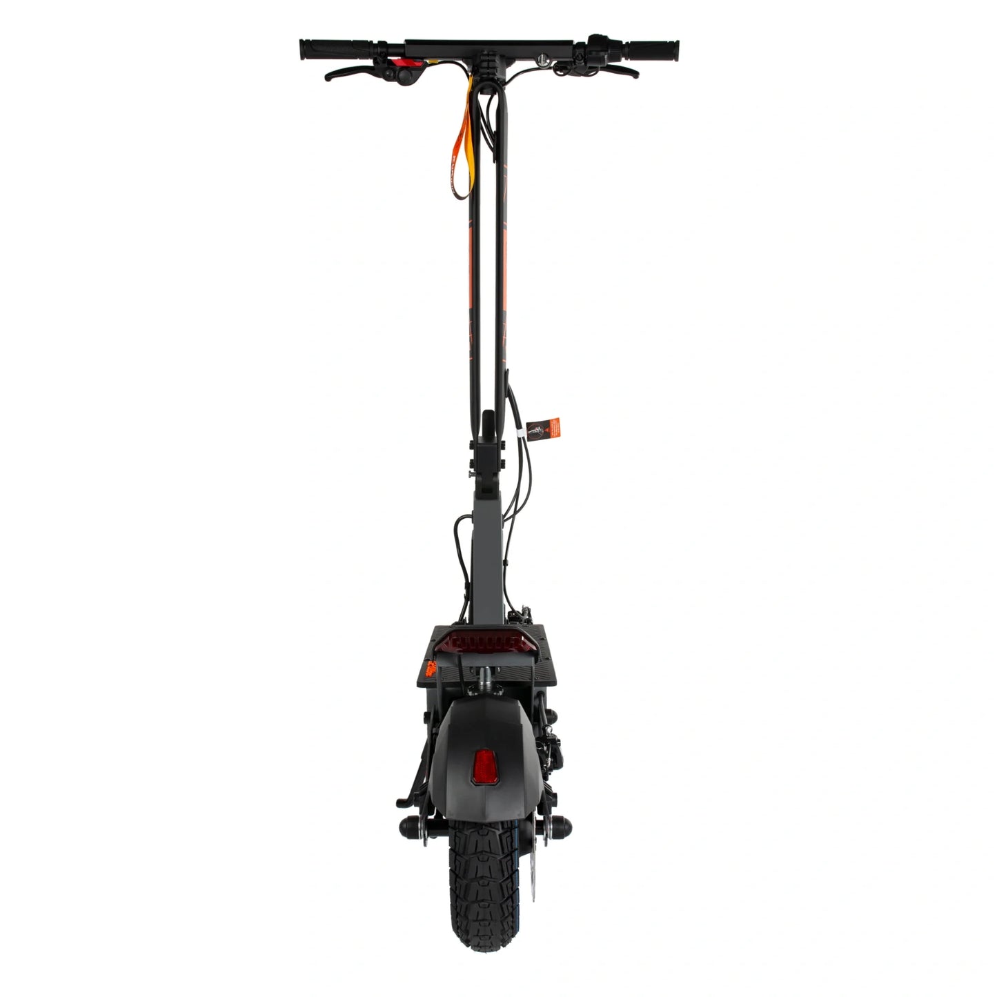 The product in the picture is an electric scooter, model Kukirin G2 Ultra. The picture shows the rear of the scooter, which includes wide tires, rear lights, and part of the handlebars. The scooter has a robust design, which suggests good stability and a comfortable ride.