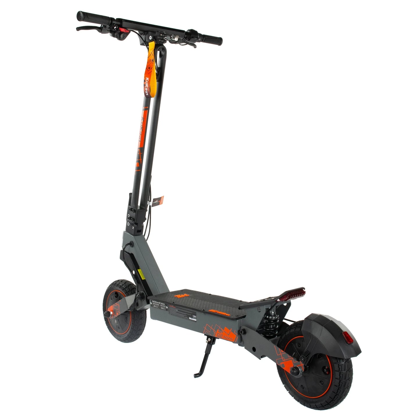 The product in the picture is an electric scooter from the brand Kukirin, model G2 Ultra. The picture shows a scooter with a black and orange color combination, which includes a wide standing platform, handlebars with grips, and front and rear wheels with robust tires. A rear light and suspension are also visible, contributing to a comfortable ride.