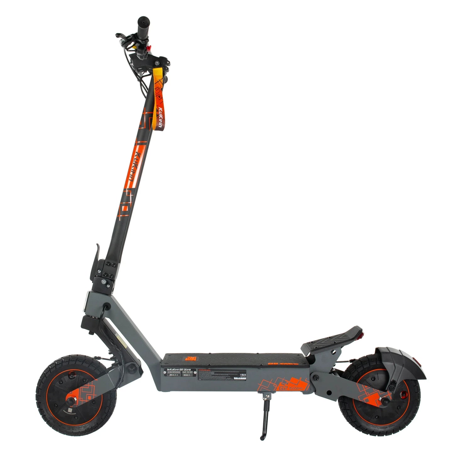 The product in the picture is an electric scooter, the Kukirin G2 Ultra model. The picture shows a side view of the scooter, which has a robust construction, wide tires, and a comfortable footboard. The handlebars are equipped with a brake, ensuring a safe ride. The color combination includes dark gray and orange details, giving the scooter a sporty look.