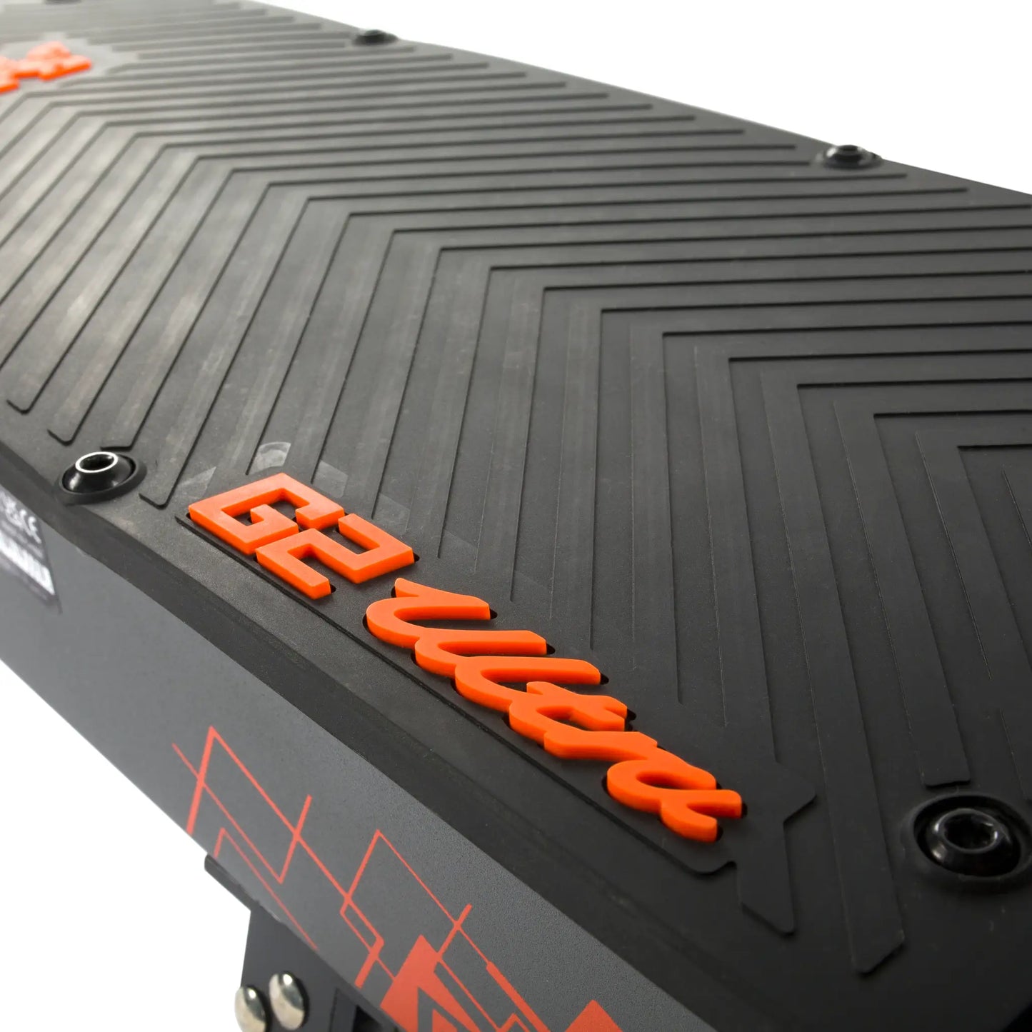 The product is the Kukirin G2 Ultra electric scooter. The image shows the scooter's deck, which has a textured surface for better grip, and the model designation in a light orange color. The overall design is modern and functional.