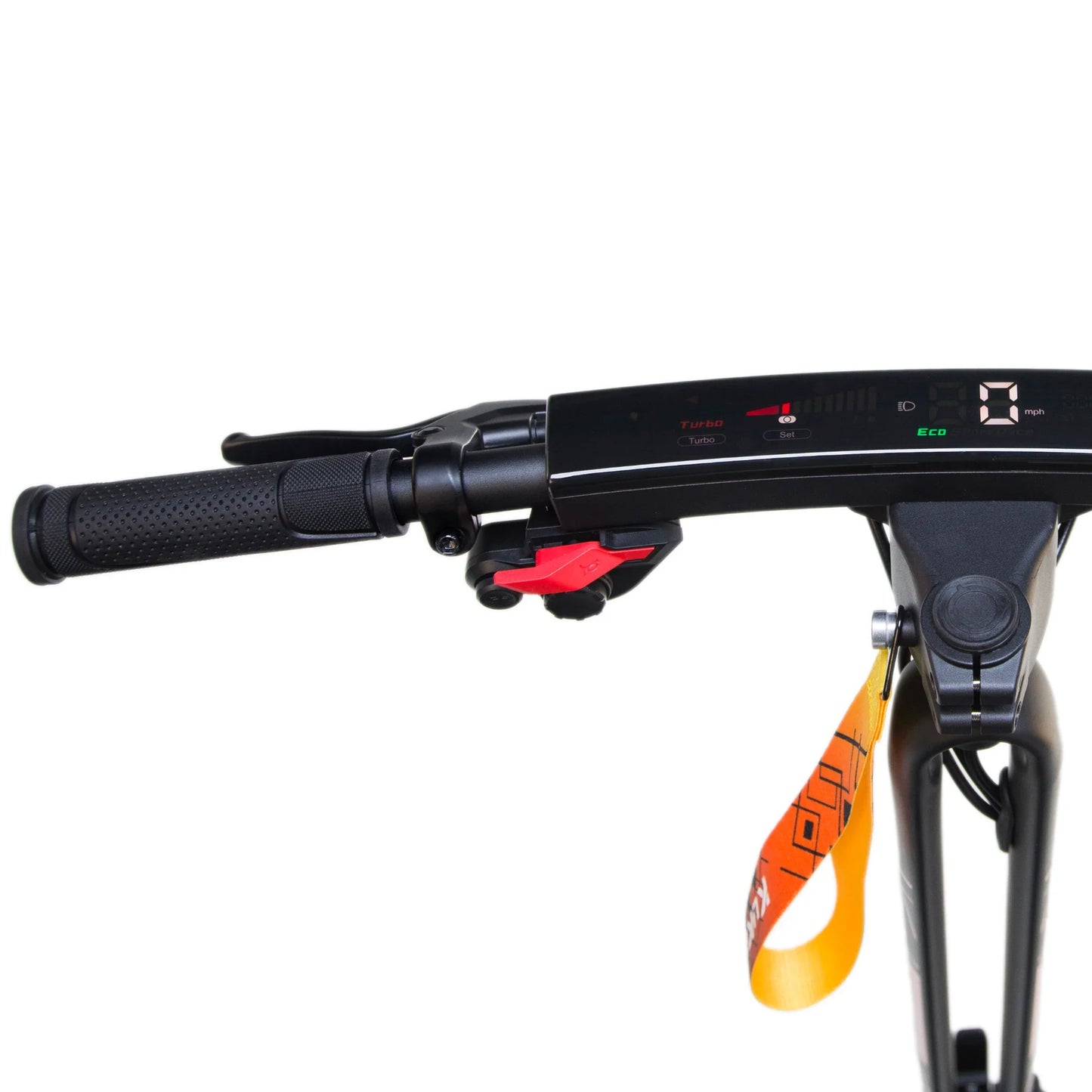 The product is the Kukirin G2 Ultra electric scooter. The image shows the scooter's handlebars, which include a digital display for showing the speed and riding mode, and a control lever. The handlebars also feature buttons for selecting different riding modes, such as Turbo and Eco. Together with the ergonomic grips, it offers a comfortable and practical riding experience.