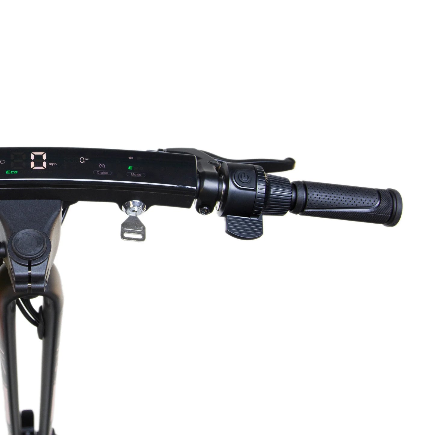 The product in the picture is an electric scooter, model Kukirin G2 Ultra. The picture shows the scooter's handlebars, a digital display showing the speed and battery status, and the throttle. The display also has buttons for selecting different riding modes. The scooter is black, which gives it a modern look.