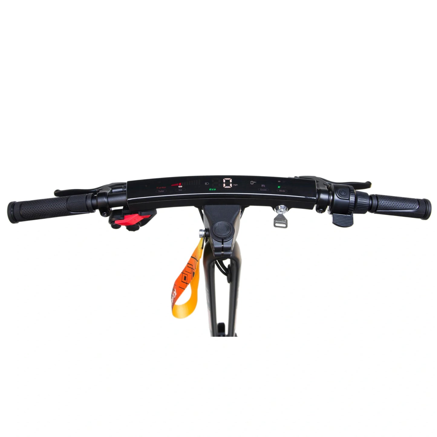 The image shows an electric scooter, the Kukirin G2 Ultra model. Visible are the handlebars with grips, a digital display showing the speed and battery status, and various control buttons. Together, they create a modern and functional look, suitable for urban riding.