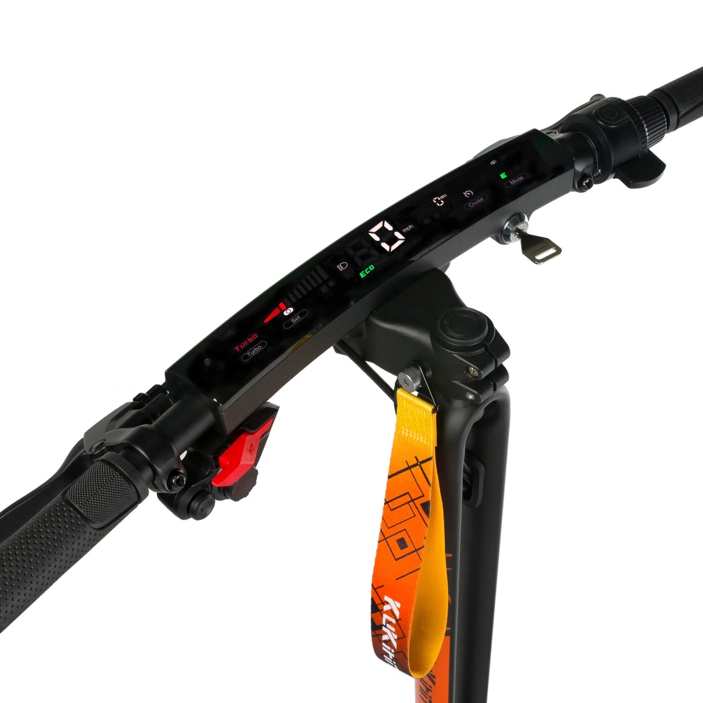 The picture shows an electric scooter, the Kukirin G2 Ultra model. The handlebars with a digital display, which shows the speed and other information, are visible. There are also various control buttons on the handlebars, including a button for turbo mode. It is equipped with a security key and straps for easier carrying.