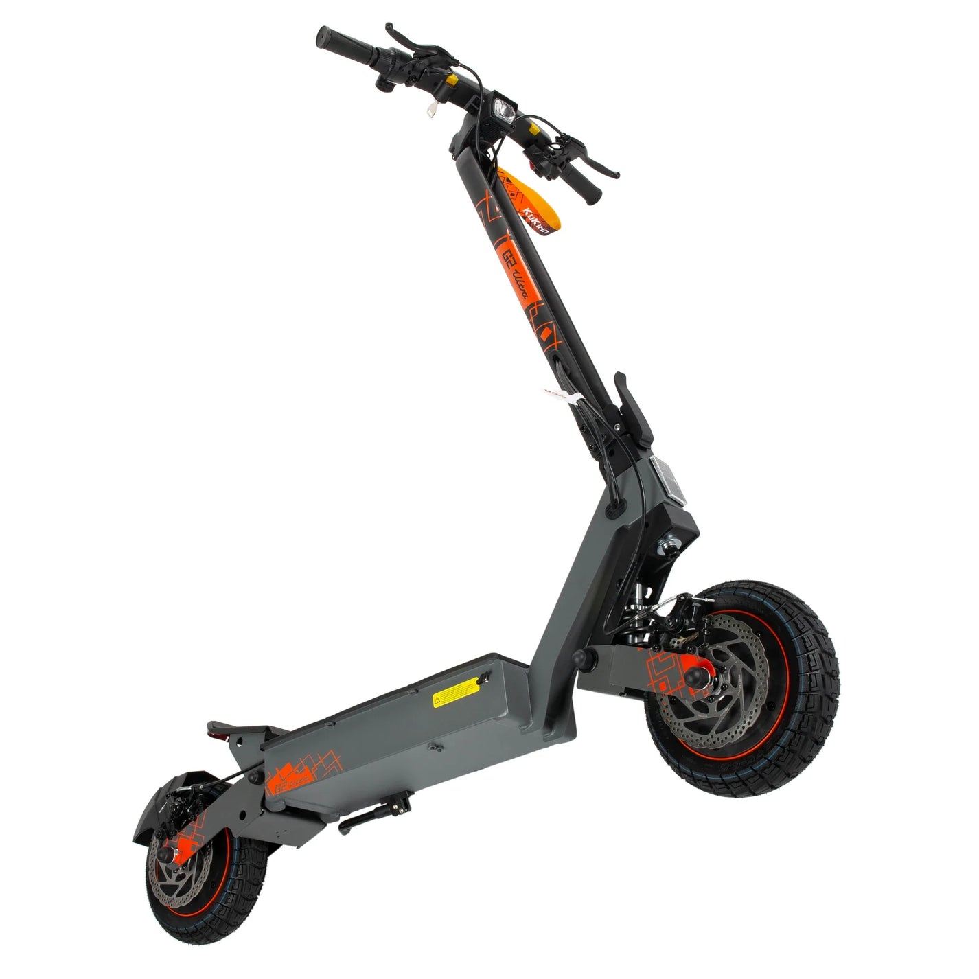 The product in the picture is the Kukirin G2 Ultra electric scooter. The scooter is shown in dark gray with orange details. It has wide, rugged-tread wheels, which provide better stability and grip. The handlebars and a front light are also visible, indicating its functionality and usability in various riding conditions.