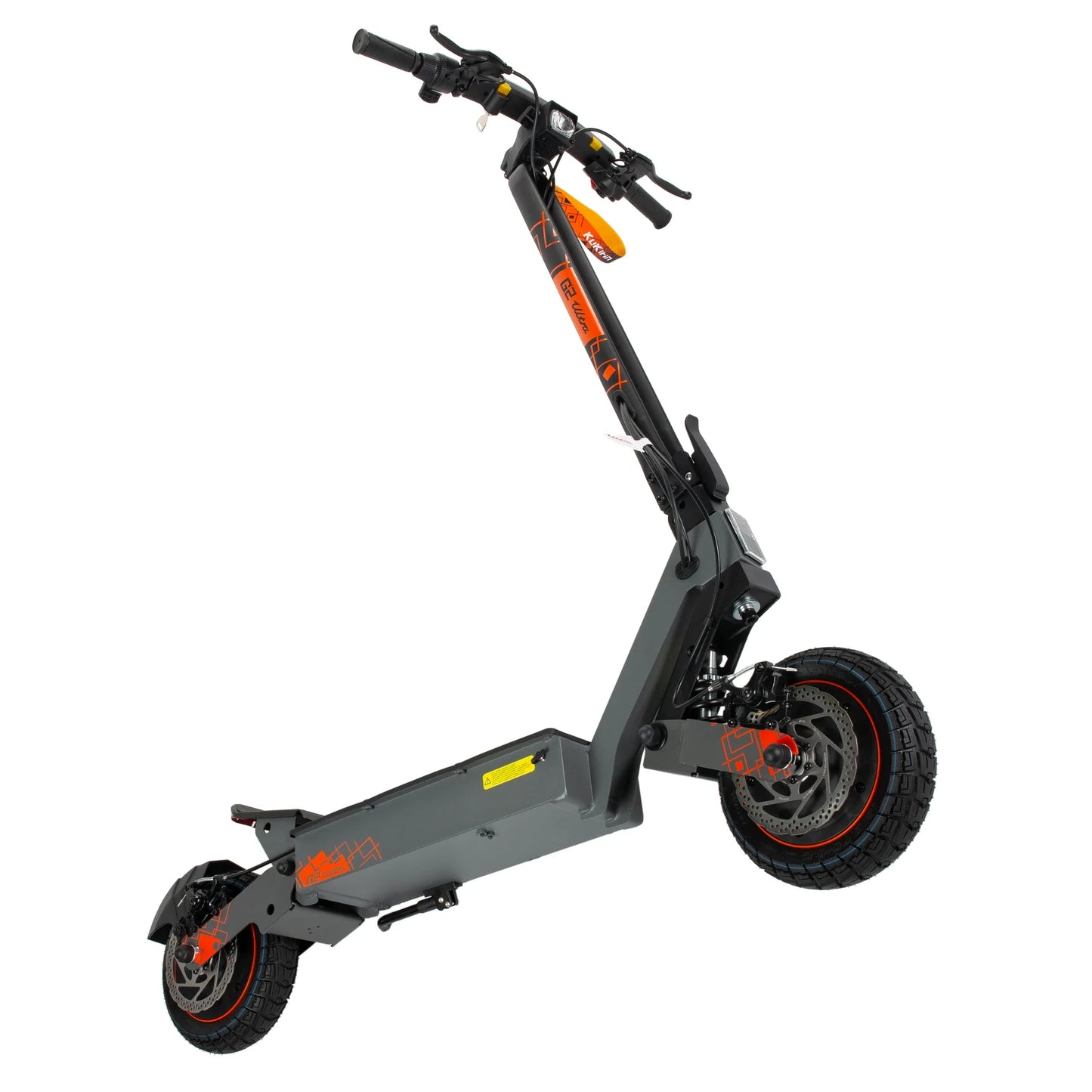 The product in the picture is the Kukirin G2 Ultra electric scooter. The scooter is shown in dark gray with orange details. It has wide, rugged-tread wheels, which provide better stability and grip. The handlebars and a front light are also visible, indicating its functionality and usability in various riding conditions.
