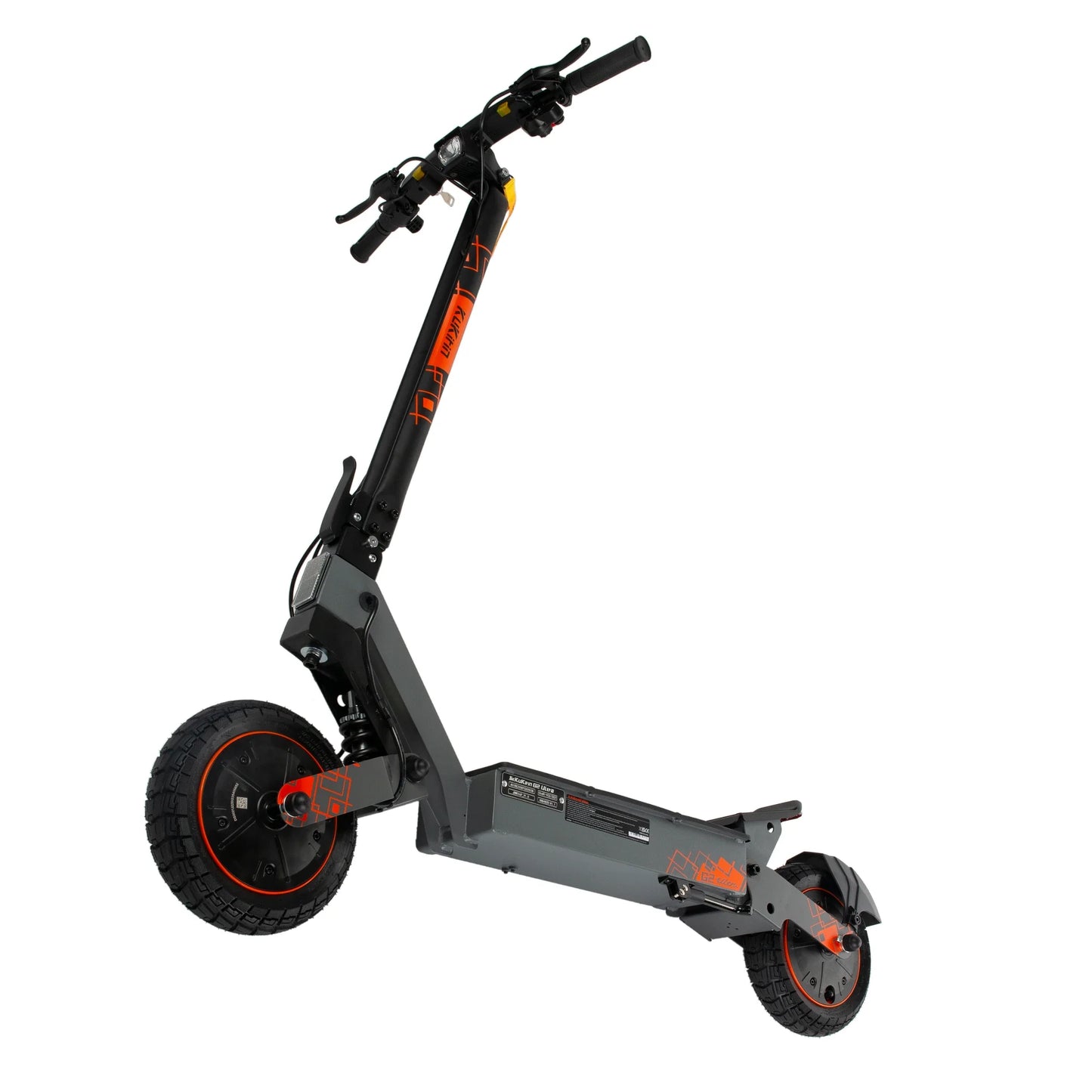 The product in the picture is an electric scooter, the Kukirin G2 Ultra model. The scooter is shown in black and grey, with prominent orange details. It has wide tires, which suggests good stability and a comfortable ride. The handlebars are ergonomic, allowing for comfortable handling.