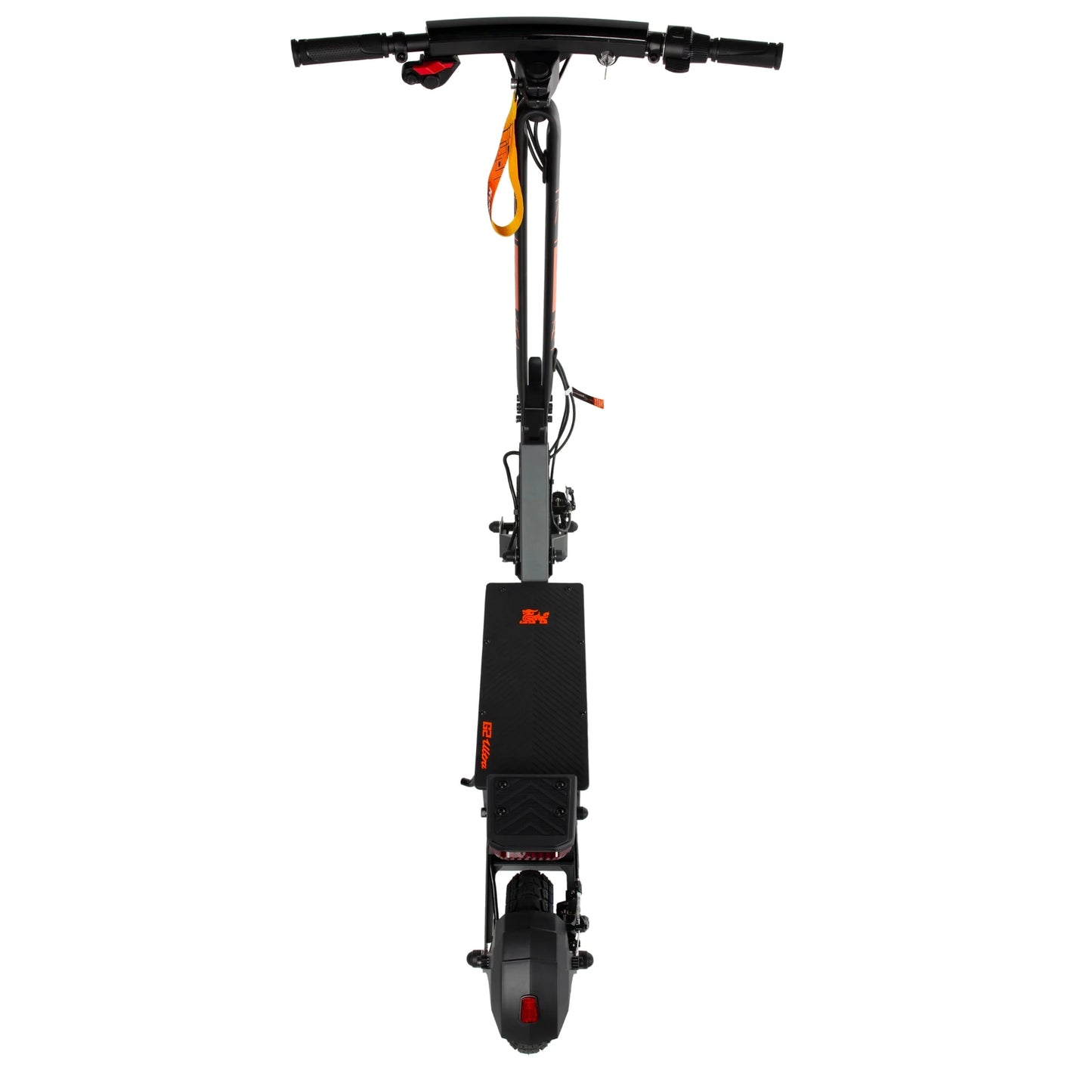 The product in the picture is an electric scooter, brand Kukirin, model G2 Ultra. The picture shows the front of the scooter, which has a black design with red and orange details. The handlebars are equipped with rubber grips, and in the middle, there is a wide deck for standing. The rear wheel with a fender and a light is visible at the bottom, indicating functionality and safety while riding.