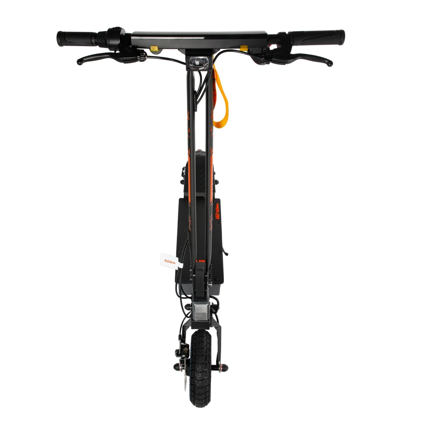 The product in the picture is an electric scooter, the Kukirin G2 Ultra model. The front of the scooter is visible, which includes the handlebars with grips, a light, and a brake. A wide tire is visible on the ground, which suggests stability and comfort while riding. The overall design is modern and functional, which is characteristic of electric scooters.