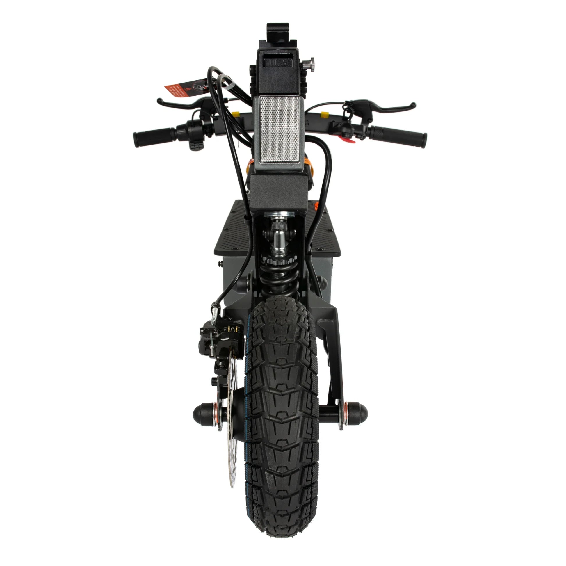 Izdelek je električni skiro, znamke Kukirin, model G2 Ultra. Na sliki je vidna sprednja stran skiroja, ki vključuje široko pnevmatiko, krmilo z ročaji ter zaslon za prikaz informacij. Skuter ima robustno konstrukcijo, kar nakazuje na dobro stabilnost in zmogljivost pri vožnji.