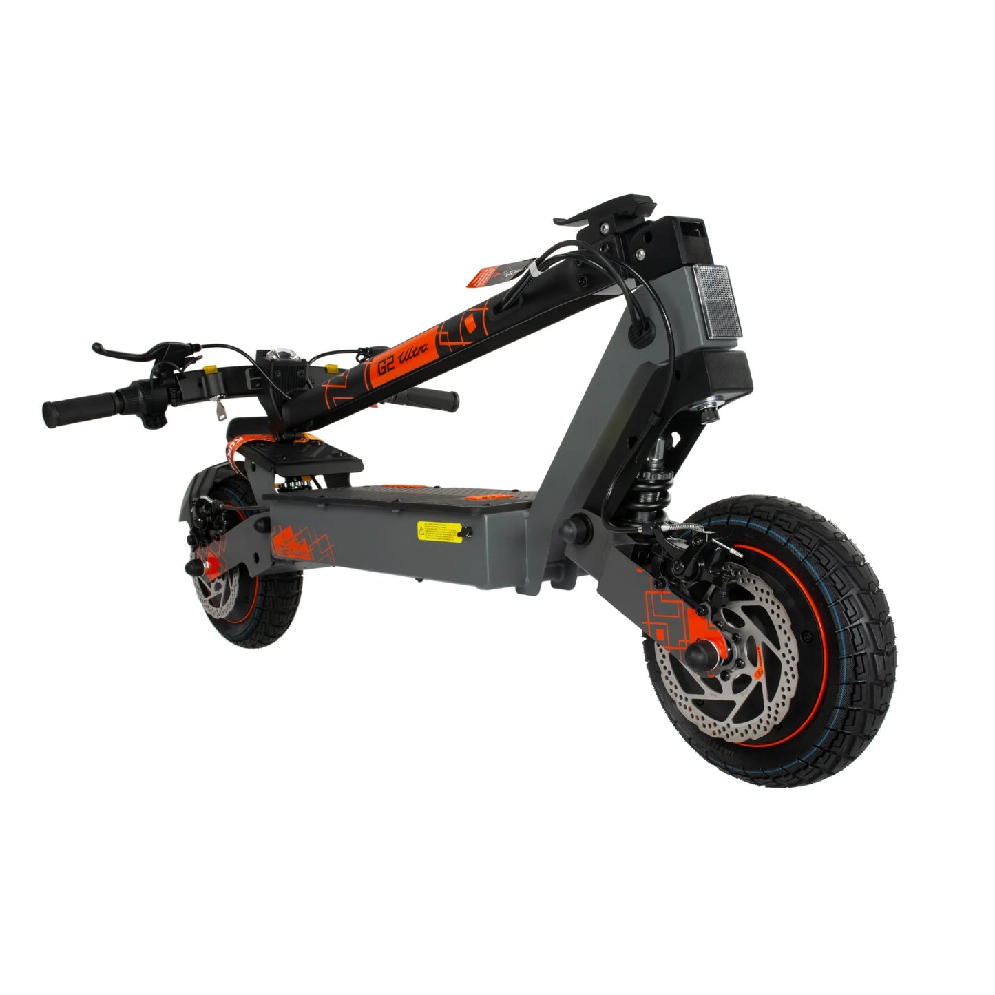 The product in the picture is an electric scooter, brand Kukirin, model G2 Ultra. The scooter is shown in a dark grey color with orange details. The handlebars, large wheels with a rough tread, and a disc brake are visible, which indicates a robust design suitable for various terrains.