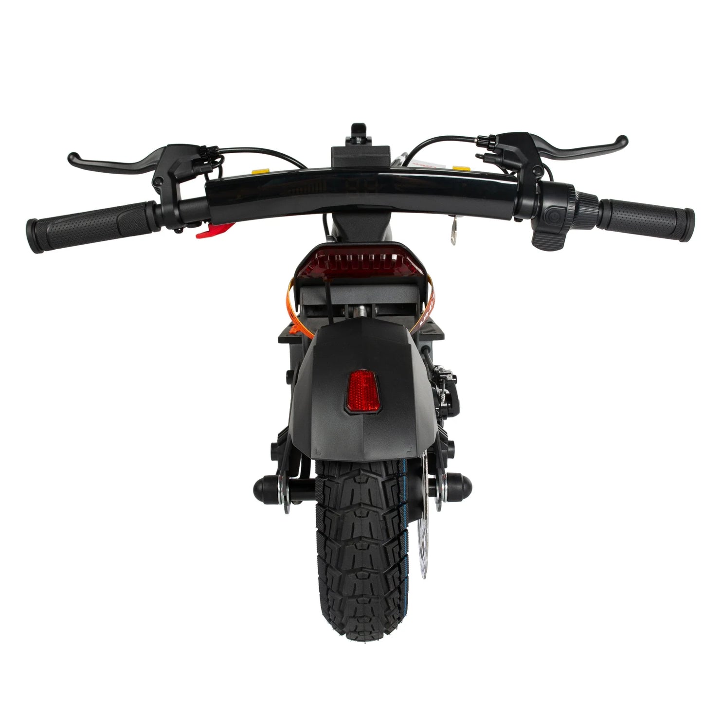The product is the Kukirin G2 Ultra electric scooter. The image shows a front view, where the handlebars, brake levers, and the rear wheel with a treaded tire are visible. In the background, there is also a red light, which indicates the scooter's safety features. The overall design is elegant and sporty, suggesting its usability in an urban environment.