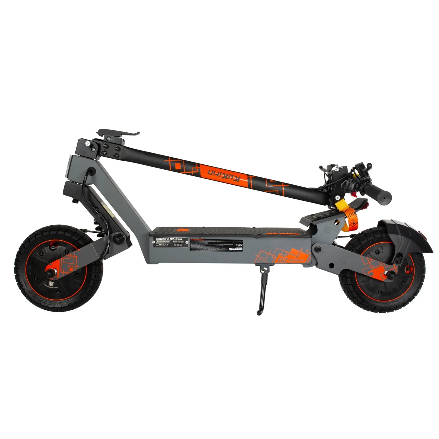 The product in the picture is the Kukirin G2 Ultra electric scooter. The scooter is shown in its folded state, with a black and grey color combination and orange details. It has wide tires and a robust construction, which indicates its durability and suitability for various terrains.