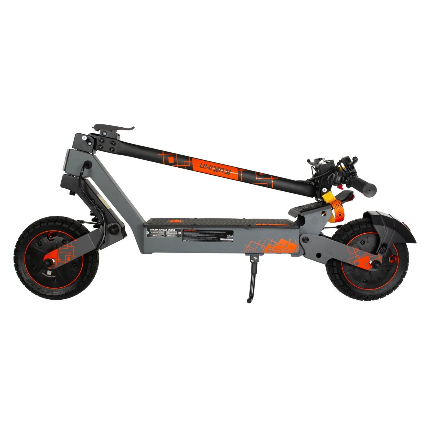 The product in the picture is the Kukirin G2 Ultra electric scooter. The scooter is shown in its folded state, with a black and grey color combination and orange details. It has wide tires and a robust construction, which indicates its durability and suitability for various terrains.