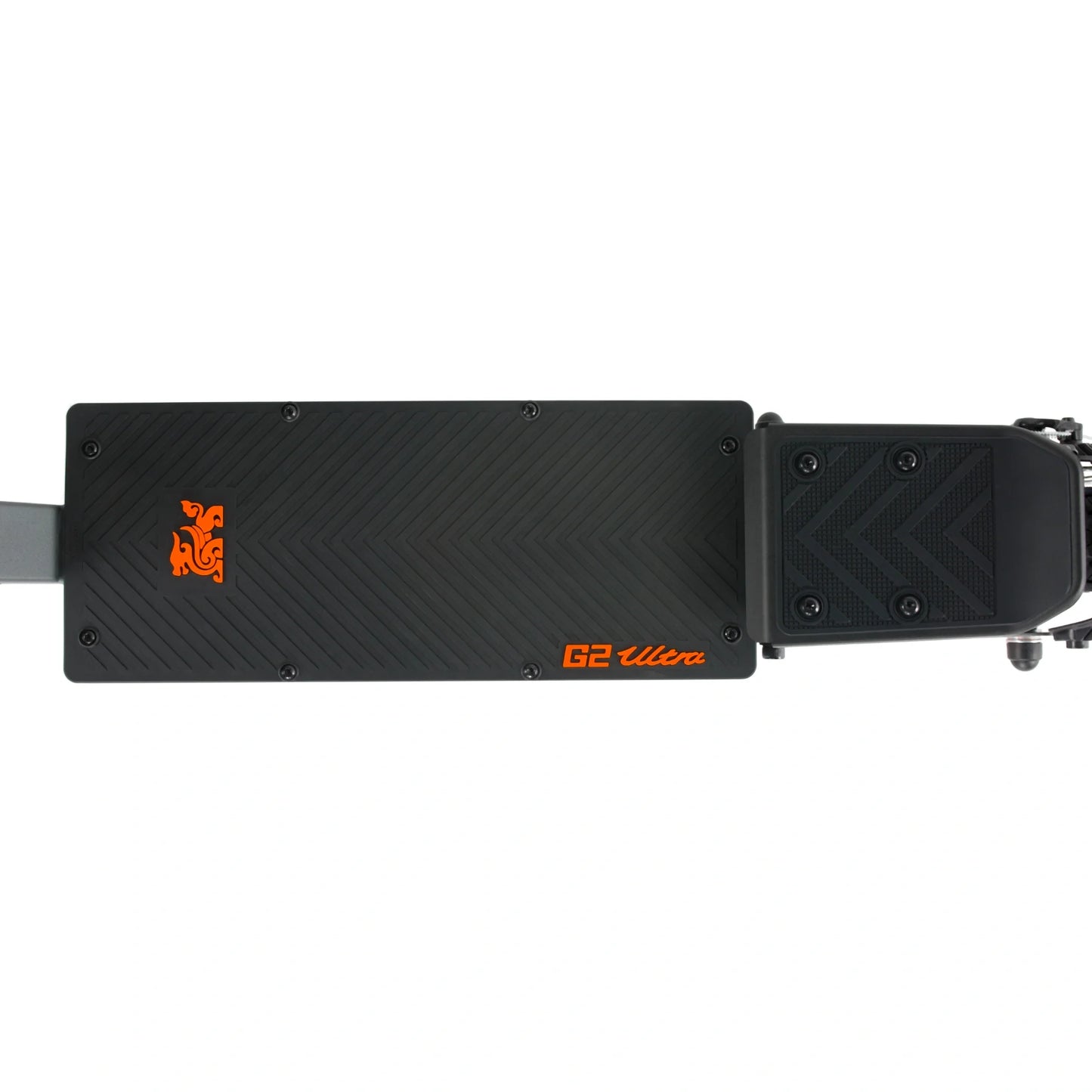 The product in the picture is the Kukirin G2 Ultra electric scooter. The image shows the scooter's deck with its distinctive pattern and logo on the top. The color scheme is predominantly black with orange details. The scooter has a robust design, which suggests its durability and riding comfort.