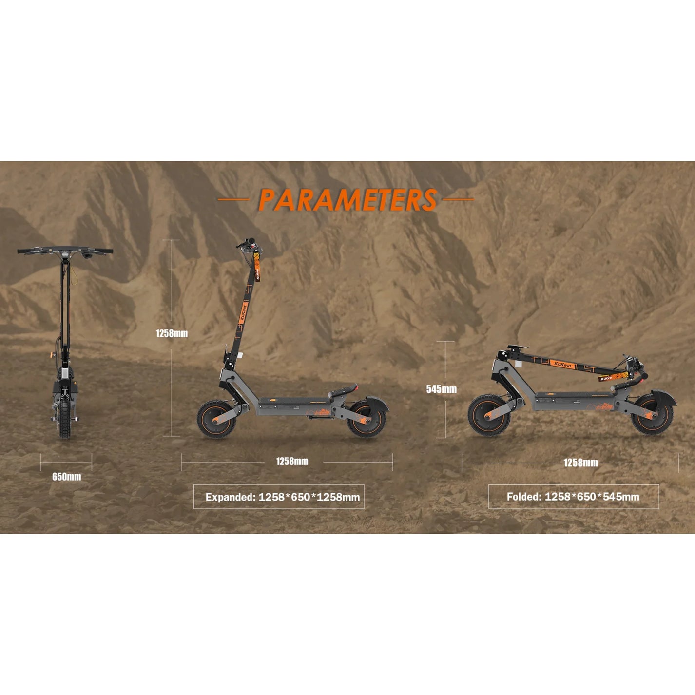 The product in the picture is a Kukirin electric scooter, model G2 Ultra. The picture shows various aspects of the scooter, including its dimensions in both its unfolded and folded forms. Almost the entire image is set in a natural environment, suggesting its suitability for off-road use. The dimensions are clearly marked, making it easy to understand the scooter's size.
