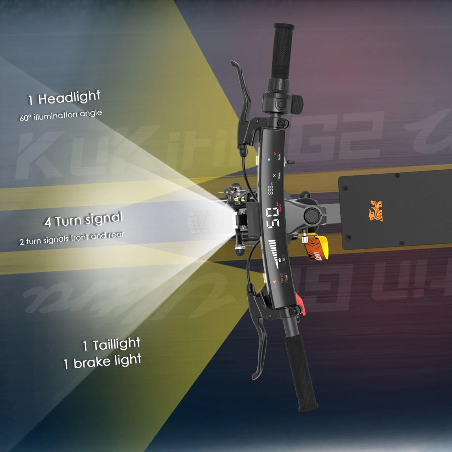 The product is an electric scooter, model Kukirin G2 Ultra. The image shows the scooter's controls, including the main lever, light signals, and the display. The front and rear lights are also visible, which include turn signals and a brake light, indicating functionalities that increase safety while riding.