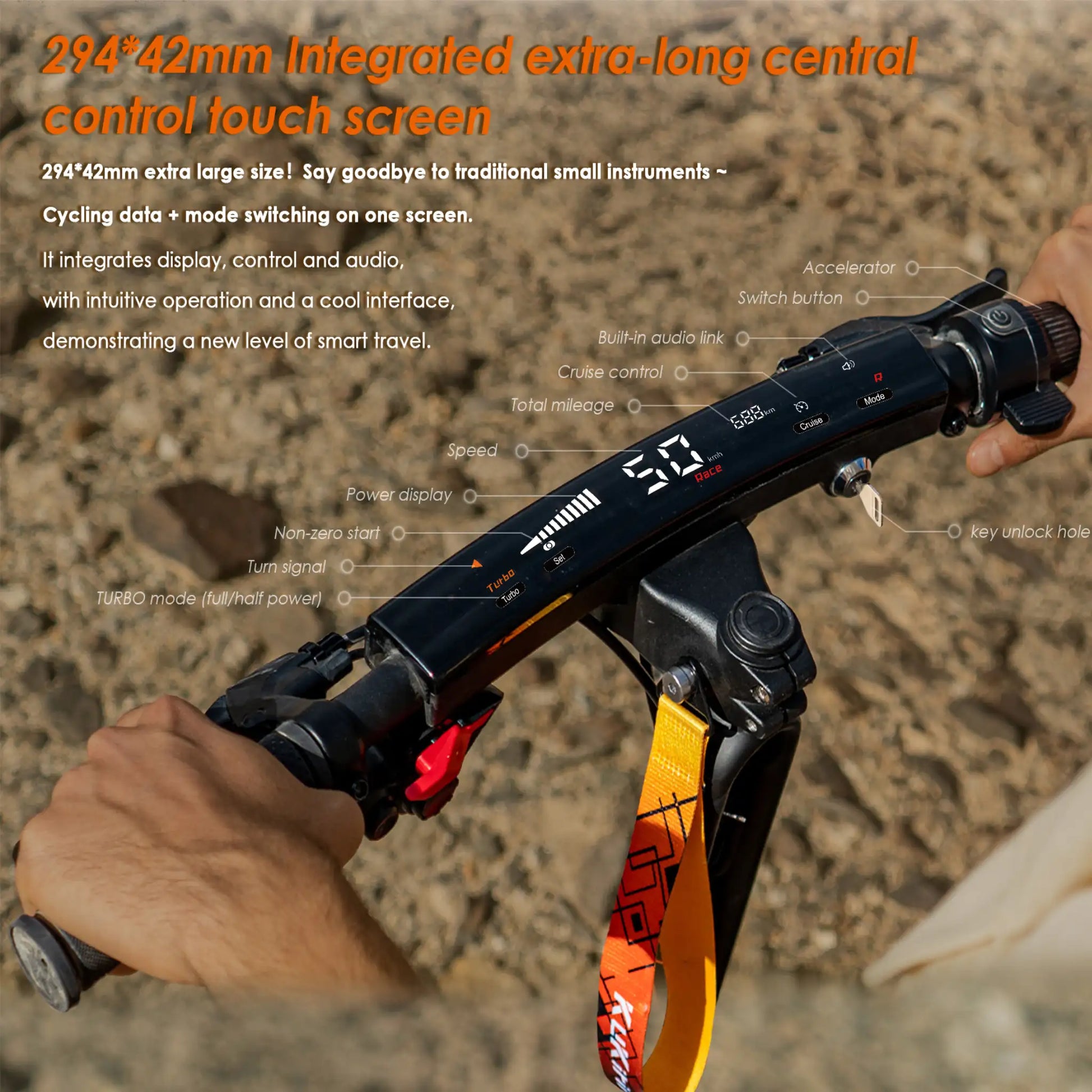 Izdelek na sliki je električni skiro znamke Kukirin, model G2 Ultra. Na sliki je prikazan ročaj skiroja z velikim integriranim zaslonom na dotik, ki prikazuje različne podatke, kot so hitrost, skupna prevožena razdalja in stanje baterije. Vidni so tudi gumbi za nadzor, vključno s stikalom za pospeševanje in funkcijo za krmiljenje.