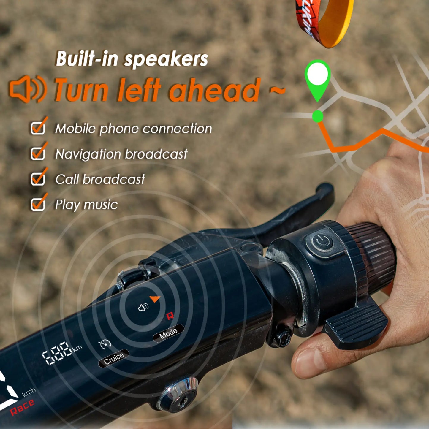 The product in the picture is the Kukirin G2 Ultra electric scooter. The image shows a section of the scooter's handlebars, where the control buttons, including the horn button, and a display showing the speed are visible. Also mentioned are the built-in speakers, which allow for a smartphone connection to play music and use navigation.