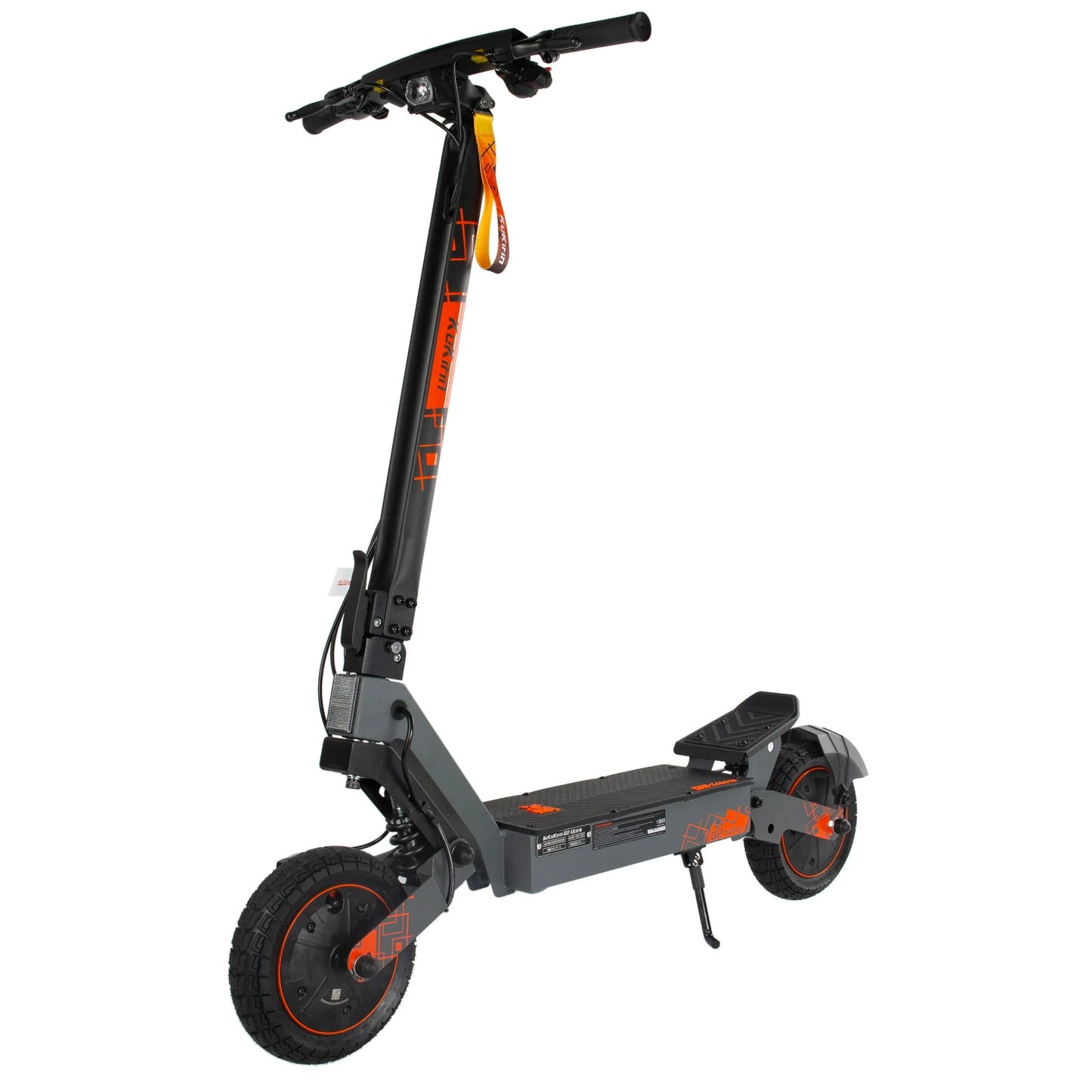 The product in the picture is the Kukirin G2 Ultra electric scooter. The scooter is shown with a black and orange color combination, a wide standing platform, and robust wheels, which indicates good stability and performance. The handlebars are ergonomic, which allows for a comfortable ride.