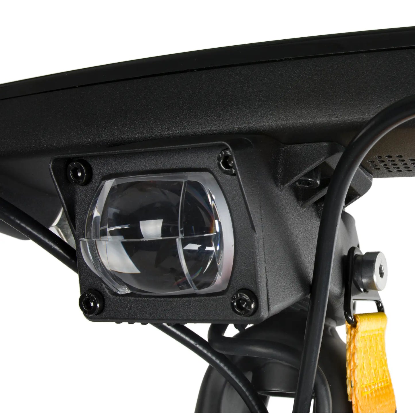 The product in the picture is an electric scooter, model Kukirin G2 Ultra. The picture shows a part of the scooter where the front headlight is mounted, which allows for riding in low-light conditions. Also visible are the cables and fasteners that ensure the device's stability and functionality.