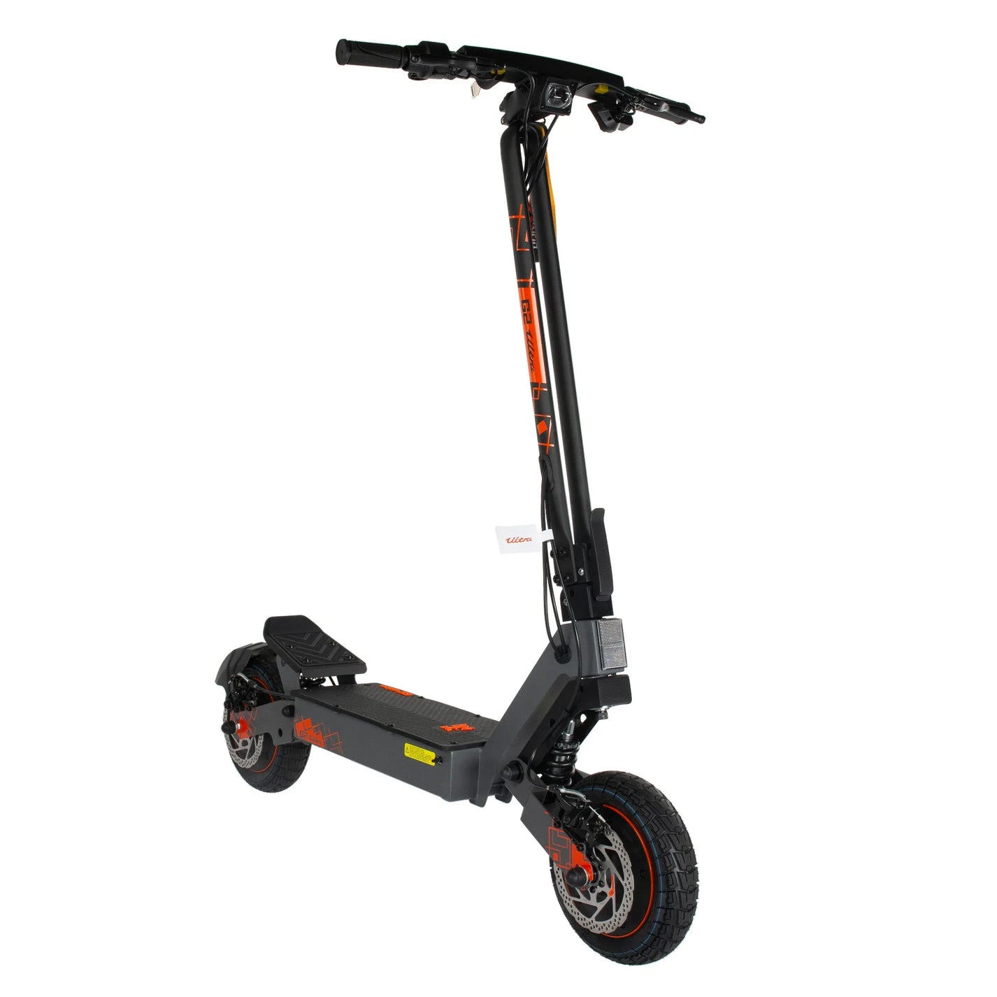 The product in the picture is an electric scooter by Kukirin, model G2 Ultra. The scooter is black with red details. It is shown from a side view, which provides a good look at its design and construction. The environment is not specifically shown, as the background is white, which highlights the product itself.