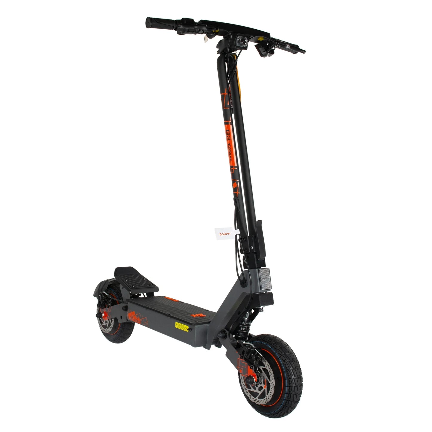 The product in the picture is an electric scooter by Kukirin, model G2 Ultra. The scooter is black with red details. It is shown from a side view, which provides a good look at its design and construction. The environment is not specifically shown, as the background is white, which highlights the product itself.