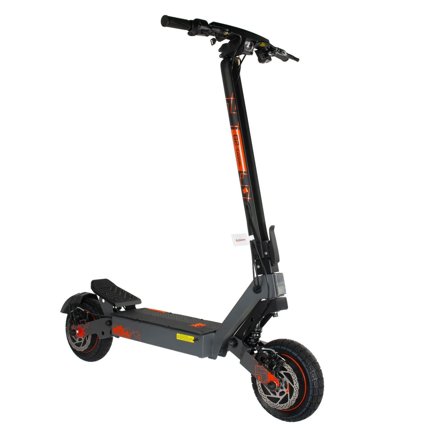 The product is the Kukirin G2 Ultra electric scooter. The picture shows a scooter with a modern design, a black and grey body, and bright orange details. It has a wide standing platform, a high handlebar with grips, and large wheels, which allows for a comfortable ride. A brake and a headlight are also visible at the front.