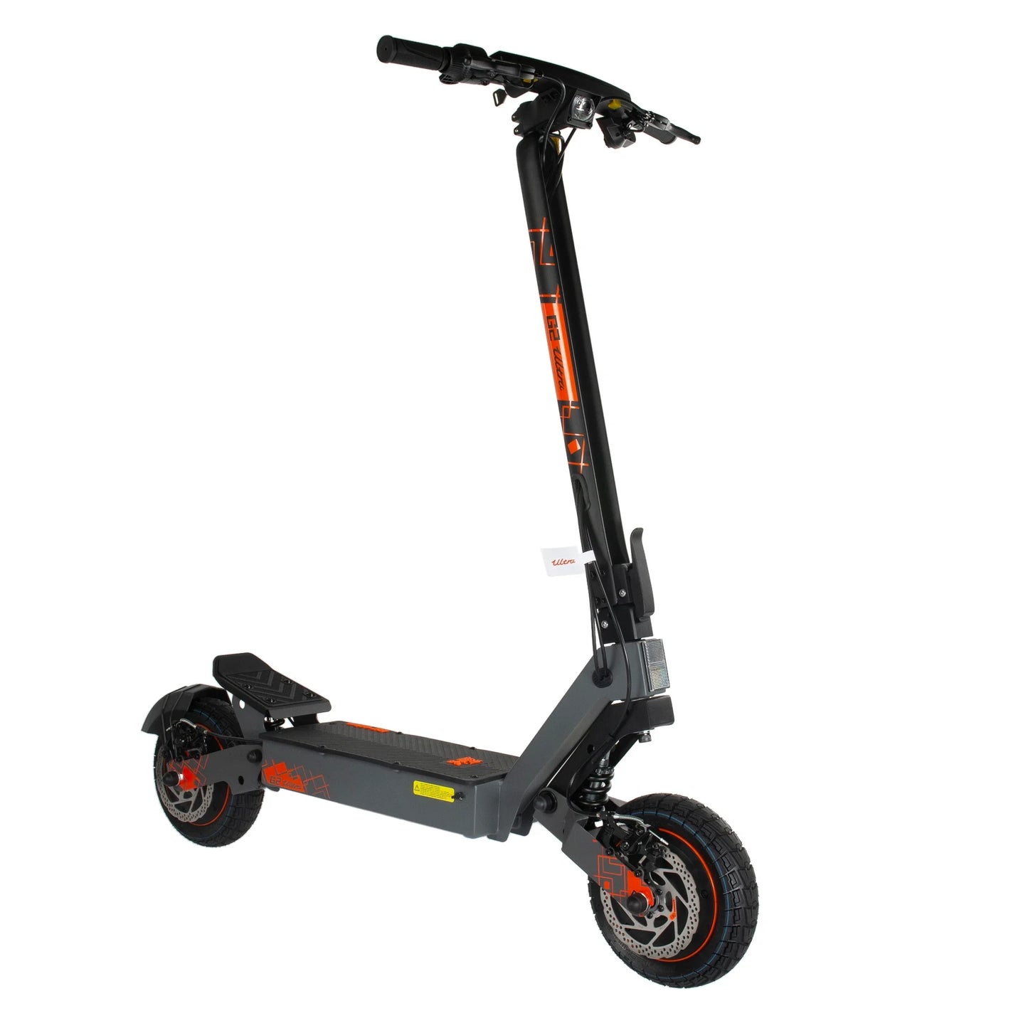 The product is the Kukirin G2 Ultra electric scooter. The picture shows a scooter with a modern design, a black and grey body, and bright orange details. It has a wide standing platform, a high handlebar with grips, and large wheels, which allows for a comfortable ride. A brake and a headlight are also visible at the front.