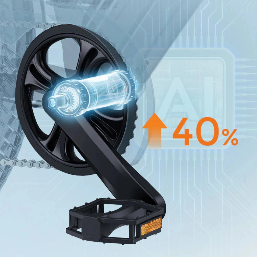 Izdelek je električno kolo, znamke Engwe, model P275 SE. Na sliki je prikazan del kolesa, zlasti pedal in pogonski sistem, ki vključuje motor, ki je označen z grafičnimi elementi, ki nakazujejo povečanje zmogljivosti za 40%. Ozadje vsebuje tehnološke motive, kar poudarja inovativnost izdelka.