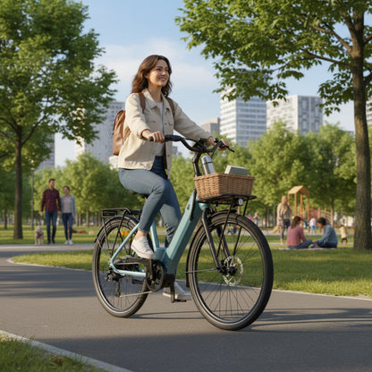 Izdelek na sliki je električno kolo znamke Engwe, model P275 SE. Na sliki vidimo mlado žensko, ki se vozi po parkovni poti, obkrožena z zelenjem in mestno arhitekturo v ozadju. Kolo ima sprednji koš, v katerem so shranjeni predmeti, kar nakazuje na udobno in praktično uporabo v mestnem okolju.