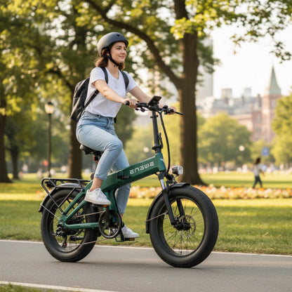 Na sliki je električno kolo znamke Engwe, model EP-2 3.0 Boost. Kolo je vidno v parku, kjer ga vozi mlada ženska. Ima široke pnevmatike in je opremljeno z dodatnim prtljažnikom, medtem ko nosi čelado in nahrbtnik. V ozadju so drevesa in zelenica, kar ustvarja prijetno naravno okolje.