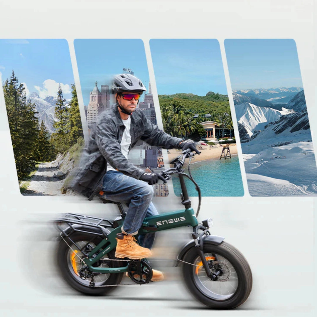 Izdelek na sliki je električno kolo znamke Engwe, model EP-2 3.0 Boost. Na sliki je prikazan kolesar, oblečen v športno oblačilo in čelado, ki vozi električno kolo. V ozadju so različni naravni in urbani kraji, kar nakazuje na vsestranskost uporabe kolesa v različnih okoljih.
