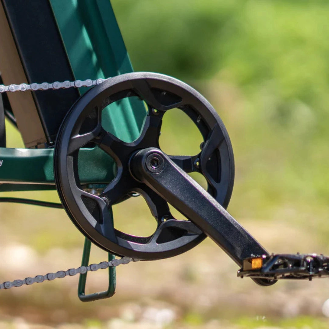 Izdelek je električno kolo, znamke Engwe, model EP-2 3.0 Boost. Na sliki je prikazan del pogonskega sistema, kjer so vidni pedal in veriga, kar nakazuje na robustno konstrukcijo, primerno za različne terene. Kolo ima tudi značilno zeleno barvo okvirja.