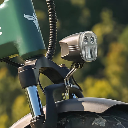 Na sliki je električno kolo, model Engwe EP-2 3.0 Boost. Vidna je sprednja luč, ki je pritrjena na okvir kolesa, ter del vilic in pnevmatike. Kolo ima robusten dizajn, kar kaže na njegovo primernost za različne terene.