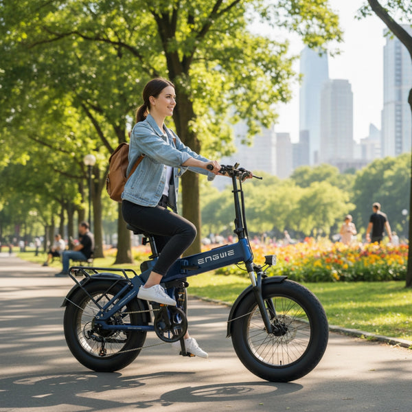 Izdelek na sliki je električno kolo, znamke Engwe, model Engine Pro 3.0 Boost. Na sliki je mlada ženska, ki se vozi po parku, obkrožena z zelenjem in cvetlicami, kar ustvarja prijetno in sproščeno vzdušje. Kolo ima široke pnevmatike in moderno zasnovo, kar nakazuje na udobno vožnjo.