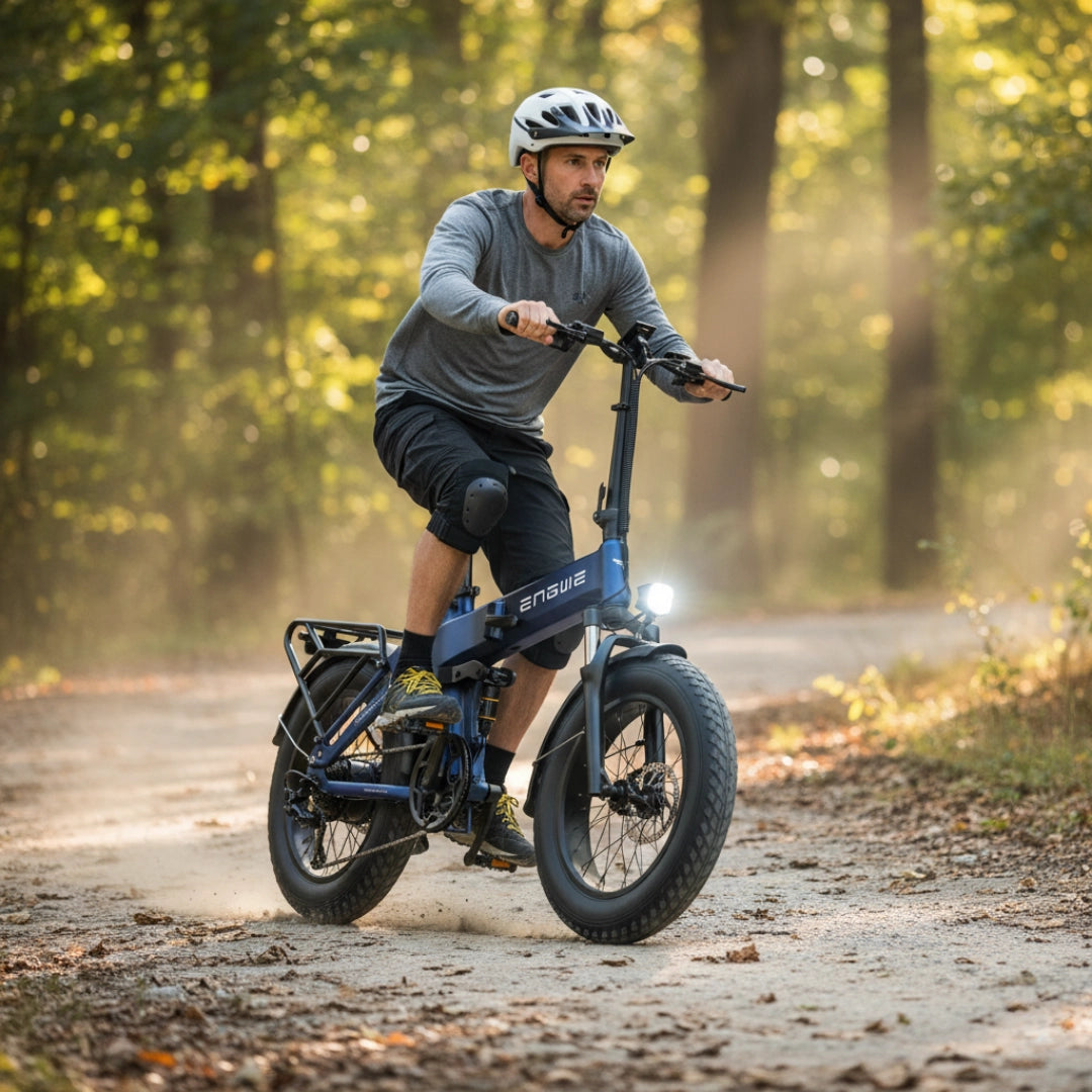 Na sliki je električno kolo, znamke Engwe, model Engine Pro 3.0 Boost. Kolo je opremljeno s širokimi pnevmatikami in ima močno zasnovo, kar omogoča vožnjo po različnih terenih. Na sliki je moški, ki vozi kolo po gozdni poti, oblečen v športno opremo in čelado za zaščito.
