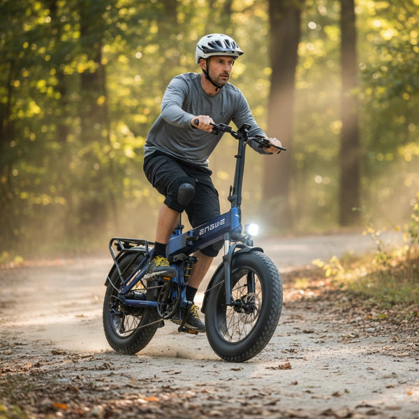 Na sliki je električno kolo, znamke Engwe, model Engine Pro 3.0 Boost. Kolo je opremljeno s širokimi pnevmatikami in ima močno zasnovo, kar omogoča vožnjo po različnih terenih. Na sliki je moški, ki vozi kolo po gozdni poti, oblečen v športno opremo in čelado za zaščito.
