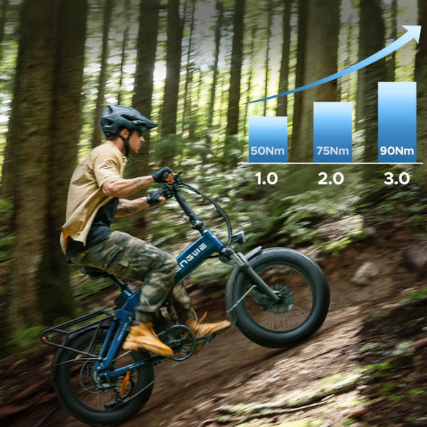 Na sliki je električno kolo, model Engwe Engine Pro 3.0 Boost. Prikazuje voznika, ki se vozi po gozdni poti, medtem ko kolo skoči čez ovinek. V ozadju so prikazane vrednosti navora, ki se povečuje, kar nakazuje na moč in zmogljivost kolesa.