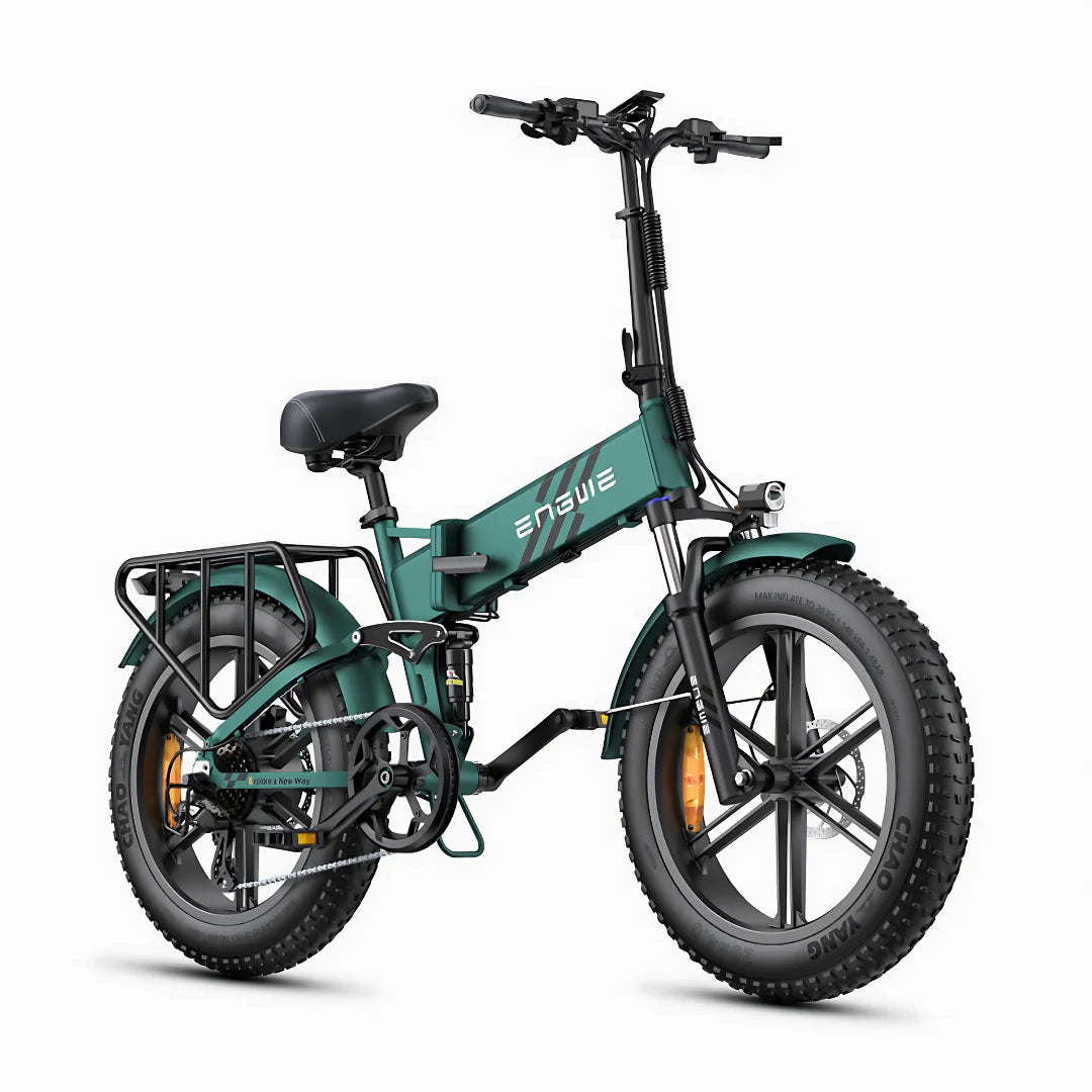 Električno kolo Engwe Engine Pro 2.0 v petrolej modri barvi z debelimi gumami in zadnjim prtljažnikom.